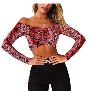 Red Snake Skin Off The Shoulder Crop Top